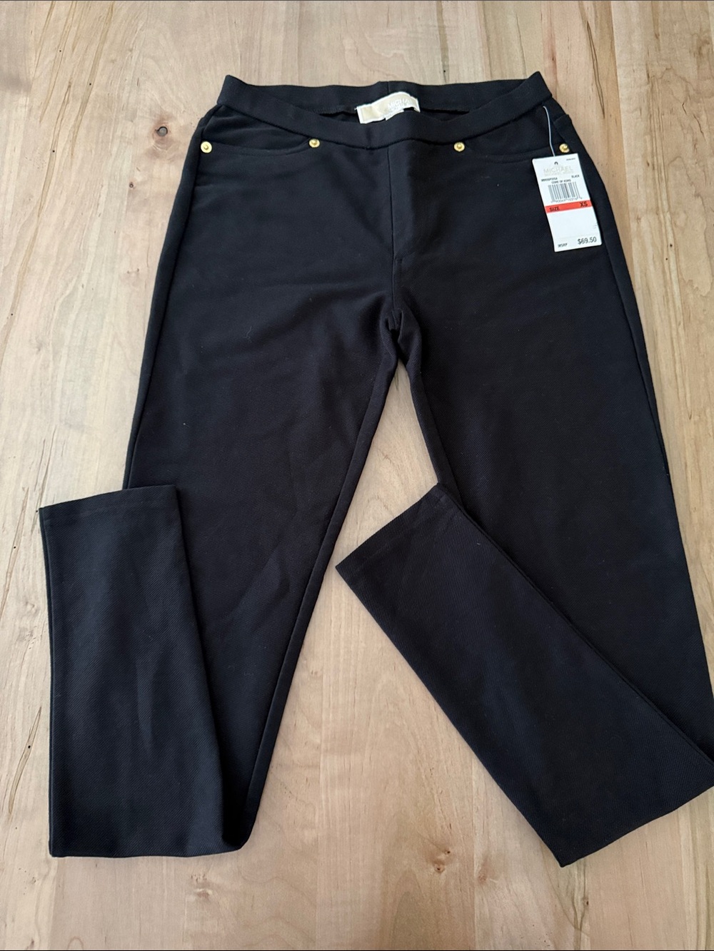 Michael Kors Black Stretch Ponte Skinny Pants with Gold Studs